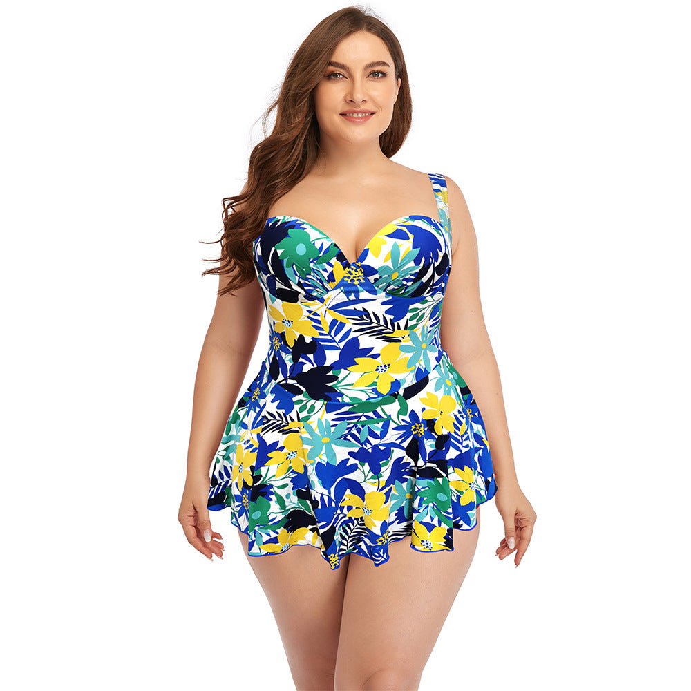Women Plus Size Skirted Swimsuit One-Piece Swimwear with Flared Skirt  Bikini Bathing Suits - L / Floral