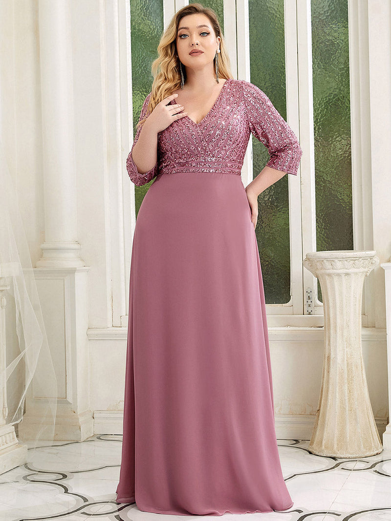 Sexy V Neck A-Line Sequin Evening Dresses With 3/4 Sleeve