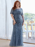 Plus Size Floral Sequin Print Fishtail Tulle Dresses for Party Mermaid Tulle Evening Dress