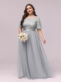 Plus Size Women's Embroidery Evening Dresses with Short Sleeve Sequin Print Prom Dress