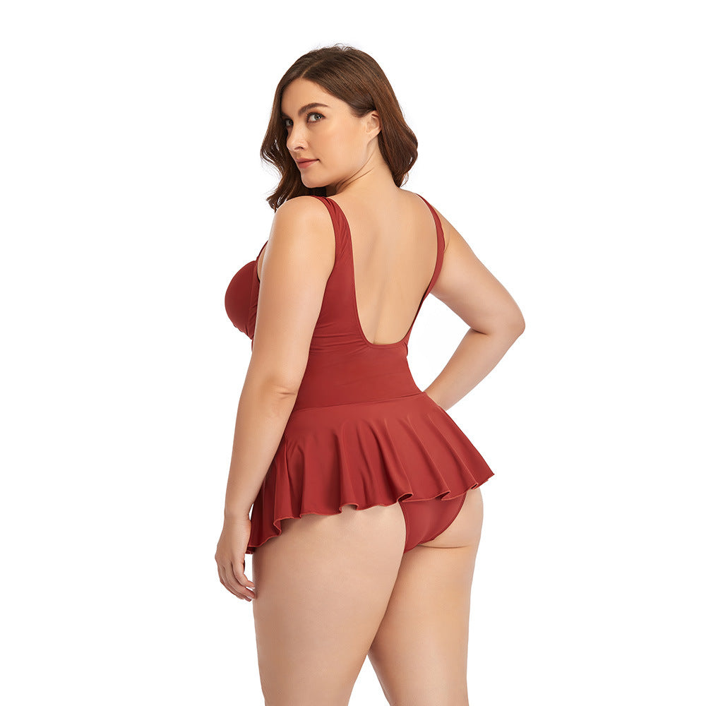 Women Plus Size Skirted Swimsuit One-Piece Swimwear with Flared Skirt –  Curveschic