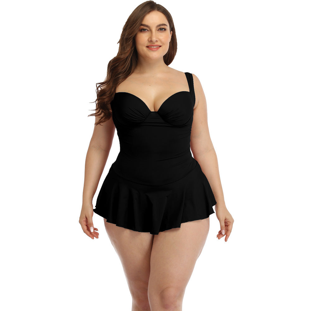 Women Plus Size Skirted Swimsuit One-Piece Swimwear with Flared Skirt  Bikini Bathing Suits - L / Black