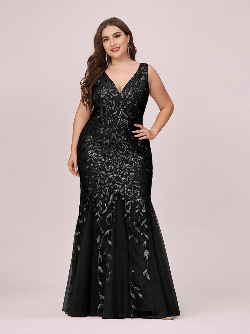 Plus Size Double V-Neck Fishtail Sequin Maxi Evening Dress  for Women
