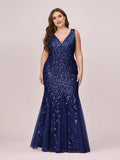 Plus Size Double V-Neck Fishtail Sequin Maxi Evening Dress  for Women