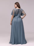 Plus Size Women's Embroidery Evening Dresses with Short Sleeve Sequin Print Prom Dress