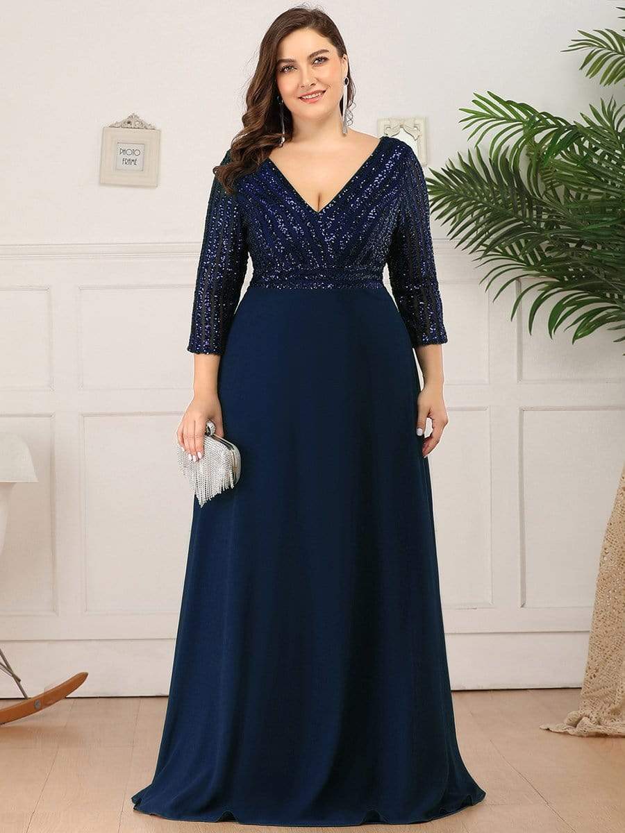 Sexy V Neck A-Line Sequin Evening Dresses With 3/4 Sleeve