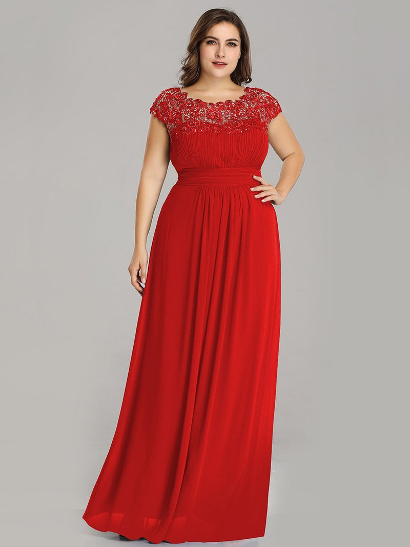 Lace Cap Sleeve Bridesmaid Dress Lacey Neckline Open Back Ruched Bust Plus Size Evening Dresses